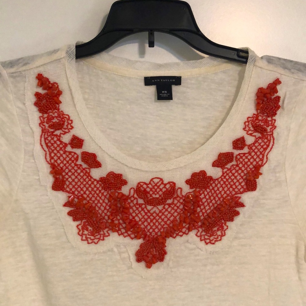Cream & Orange Beaded Ann Taylor Linen Top